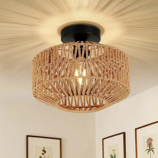 Plafonnier LED "Take Kasa" – Luminaire Tressé Style Japonais Naturel