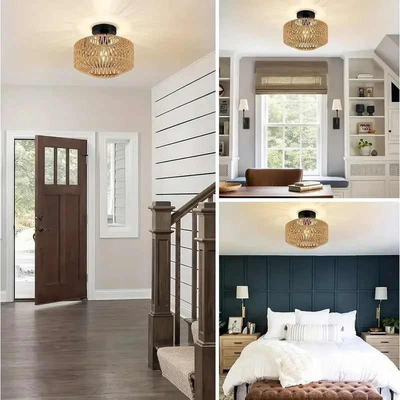 Plafonnier LED "Take Kasa" – Luminaire Tressé Style Japonais Naturel