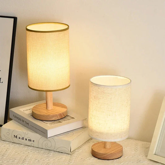 Lampe de chevet "Yoru" – Éclairage LED USB en Lin et Bois, Style Japonais Minimaliste