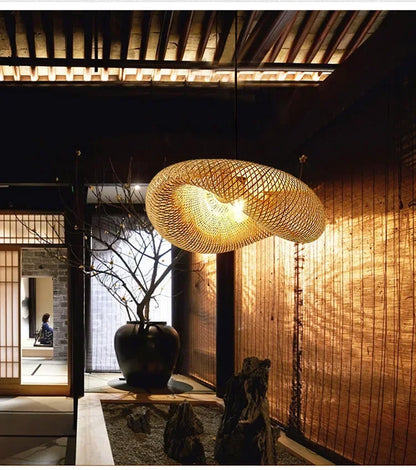 Suspension "Take Hikari" – Lampe Suspendue en Bambou Tressé Style Japonais Naturel
