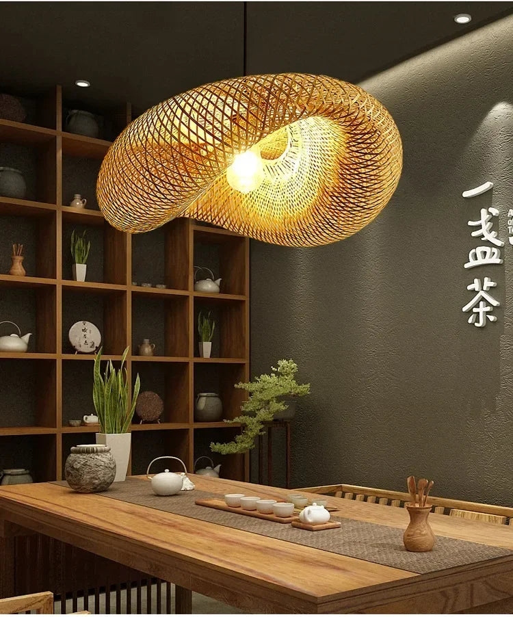 Suspension "Take Hikari" – Lampe Suspendue en Bambou Tressé Style Japonais Naturel
