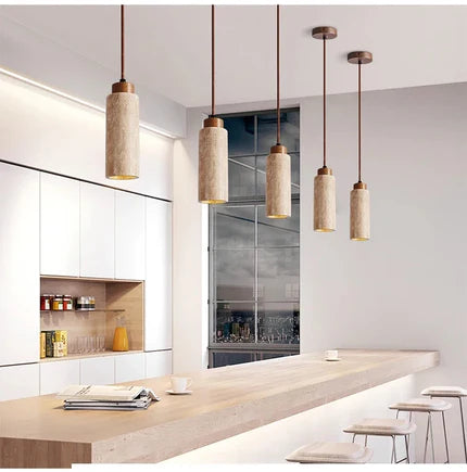 Suspension "Ishi Kō" – Lampe Pendante en Pierre Travertin Style Japonais Wabi-Sabi
