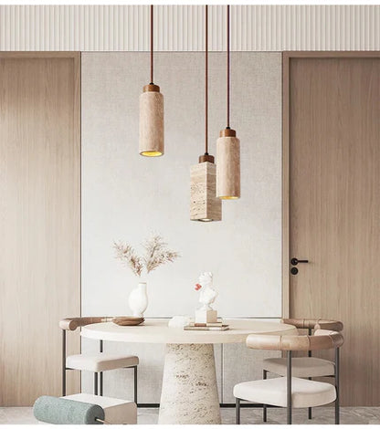 Suspension "Ishi Kō" – Lampe Pendante en Pierre Travertin Style Japonais Wabi-Sabi