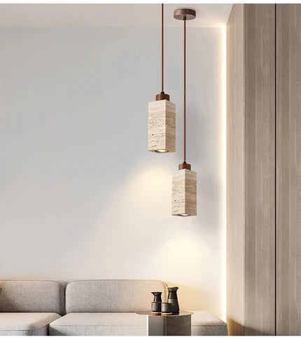 Suspension "Ishi Kō" – Lampe Pendante en Pierre Travertin Style Japonais Wabi-Sabi